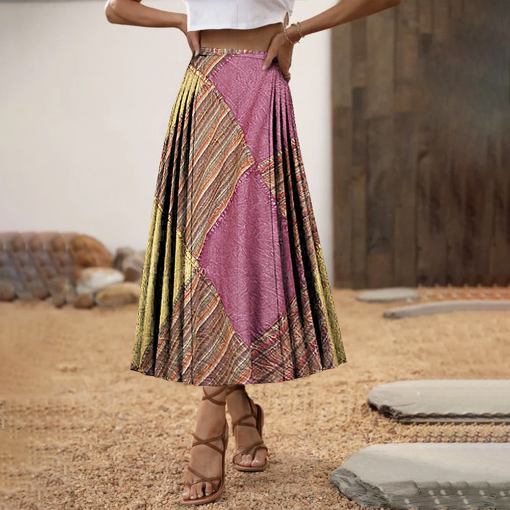 Women's Boho Style Print Chinese Traditional Cultural Hhorse Face Pleated Skirt