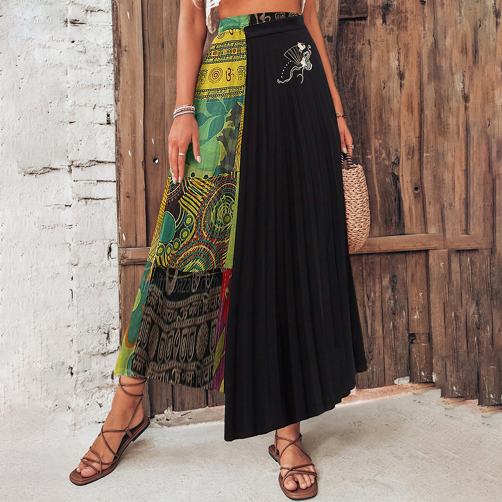 Women's Boho Style Print Chinese Traditional Cultural Hhorse Face Pleated Skirt
