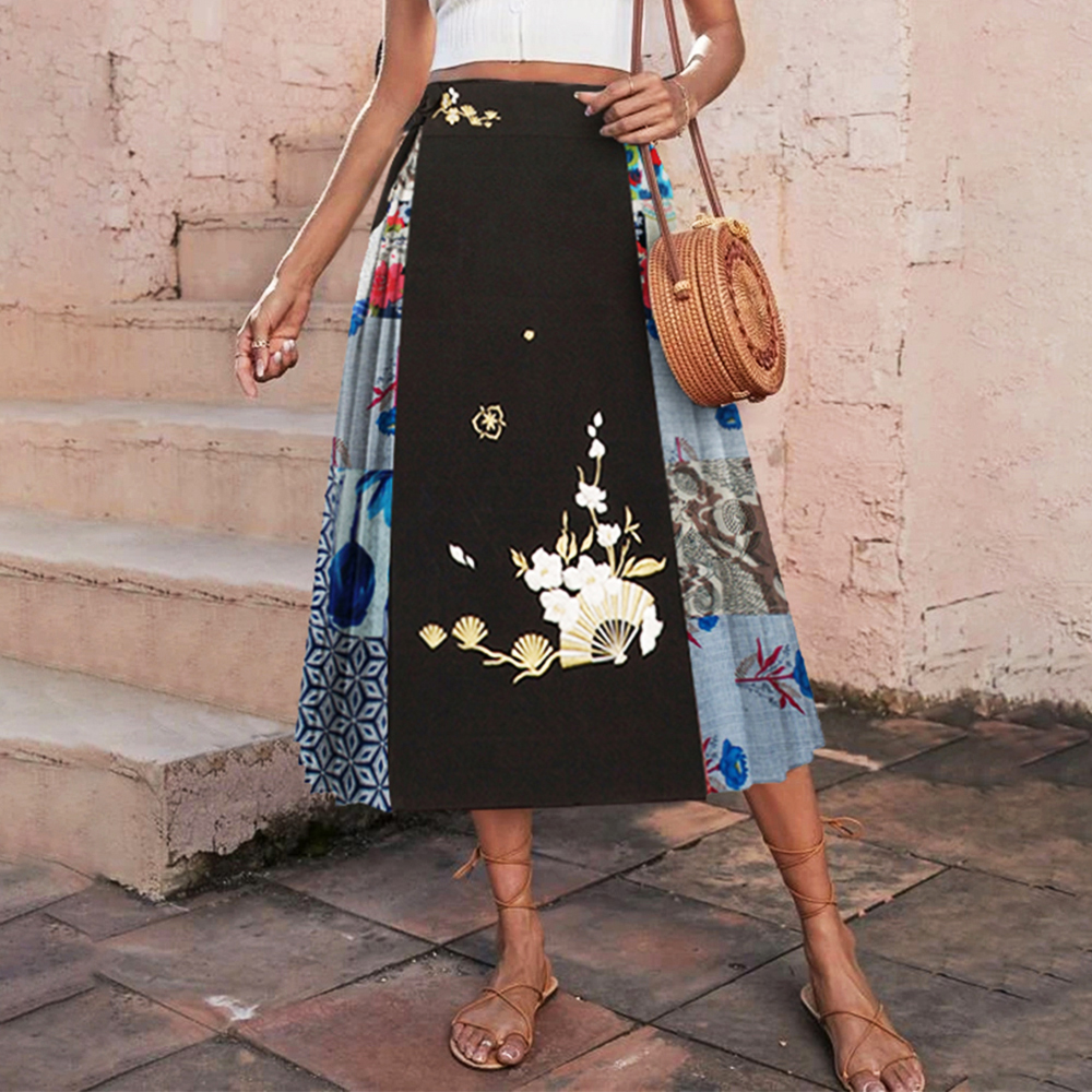 Women's Boho Style Print Chinese Traditional Cultural Hhorse Face Pleated Skirt