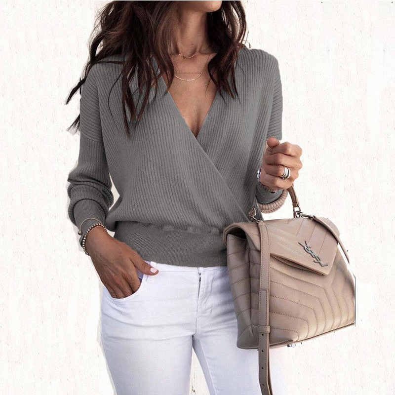 Ladies Elegant V Neck Cross Doll Long Sleeve Top