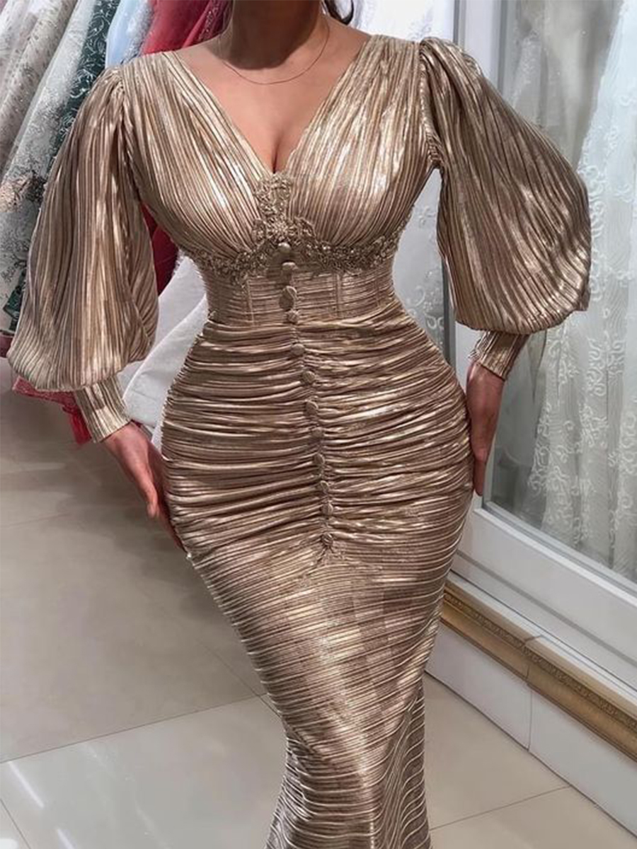 Ladies Elegant Fashion V Neck Balloon Sleeve Dinner Party Long Dress