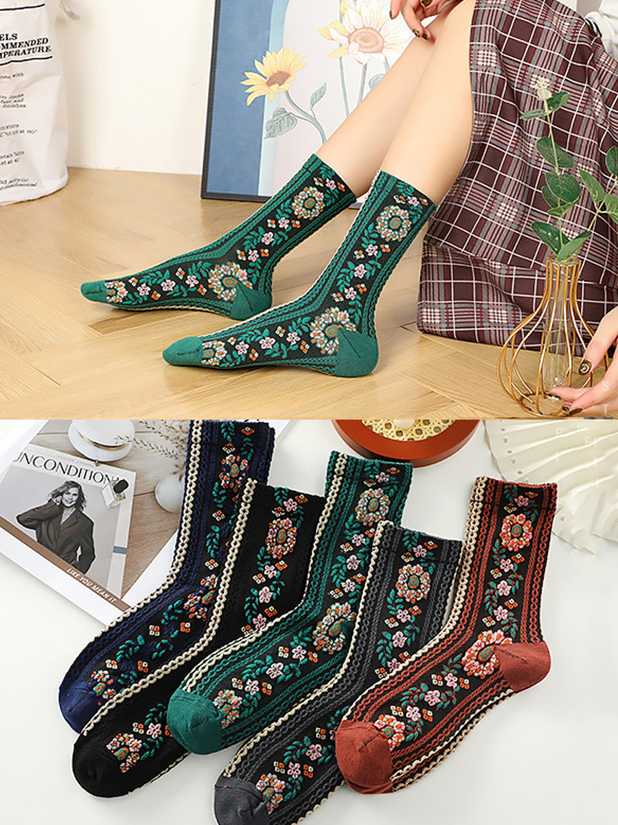 5 Pairs Of Multicolor Fall/Winter Vintage Floral Socks