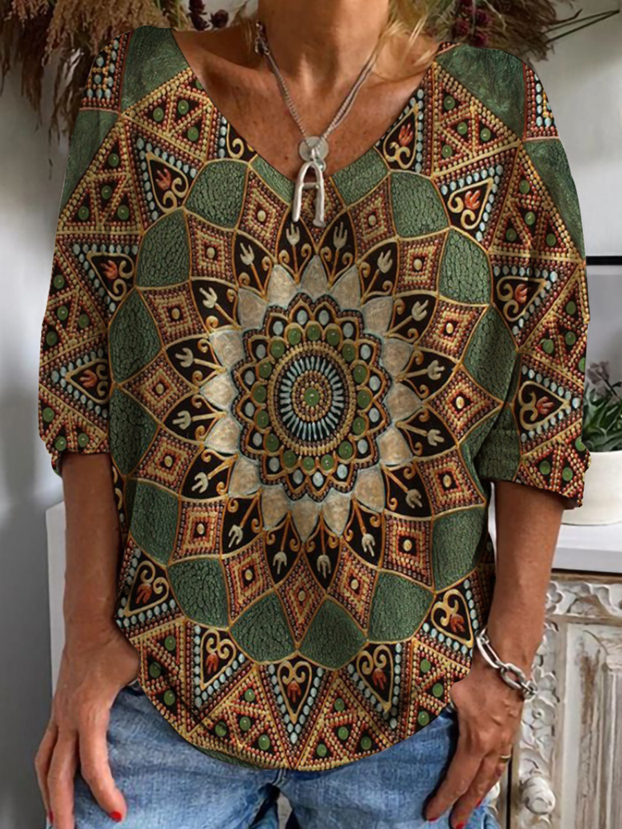 Casual V Neck Loose Ethnic Print Half Sleeve T Shirt