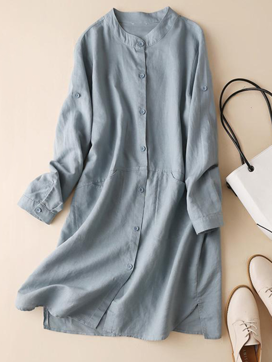 Retro Stand Collar Solid Color Long Sleeve Cotton Linen Dress