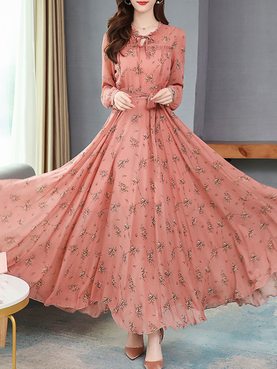 Spring/Fall Floral Elegant Chiffon Long Sleeve Dress