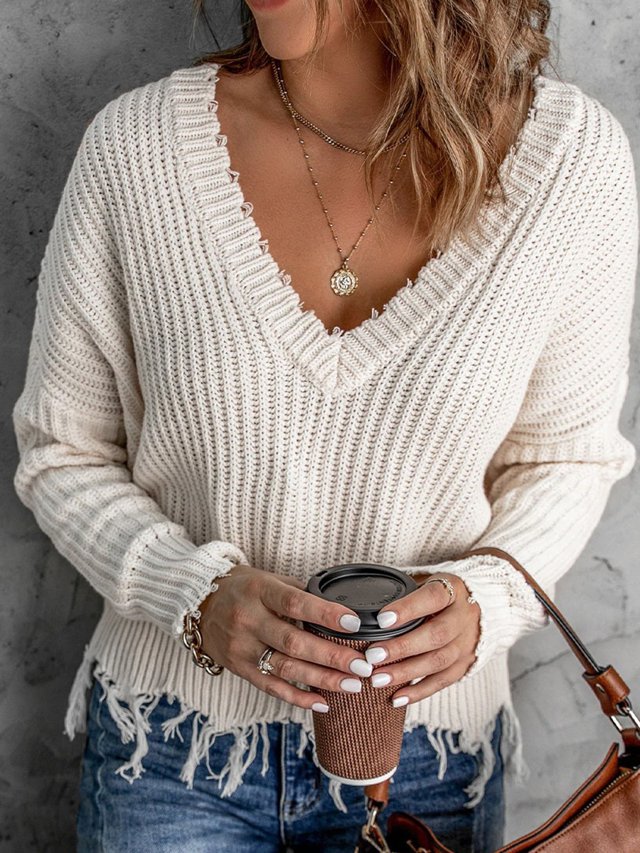 Solid Color Cutout V Neck Knit Sweater