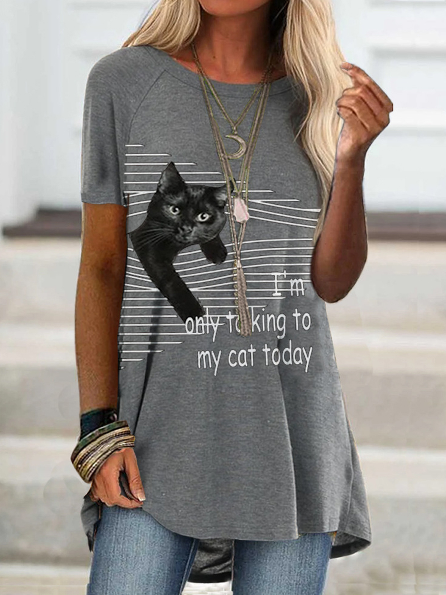 Casual Fashion Cat Print Round Neck Short Sleeve T Shirt