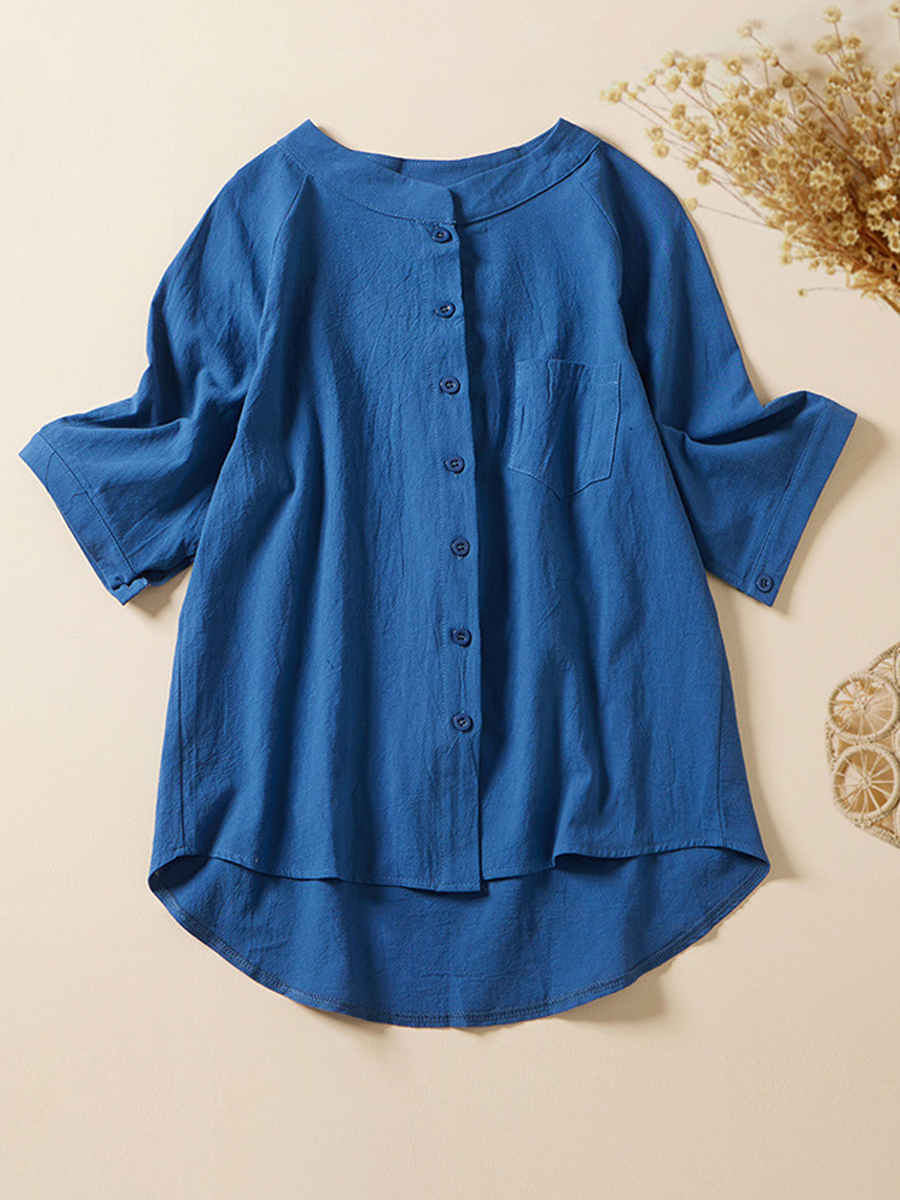 Casual Solid Color Round Neck Button Pocket Half Sleeve Shirt