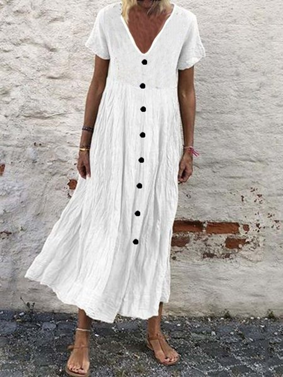 Casual Vintage Solid Color V Neck Button Short Sleeve Maxi Dress