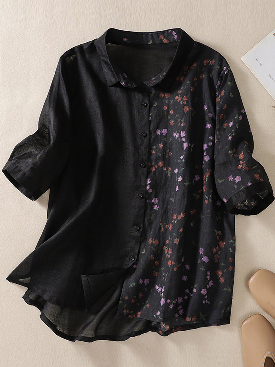 Casual Vintage Patchwork Print Lapel Short Sleeve Shirt