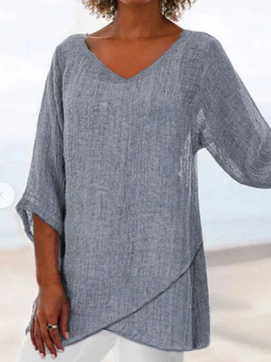 V neck Casual Loose Solid Color Long sleeved Blouse