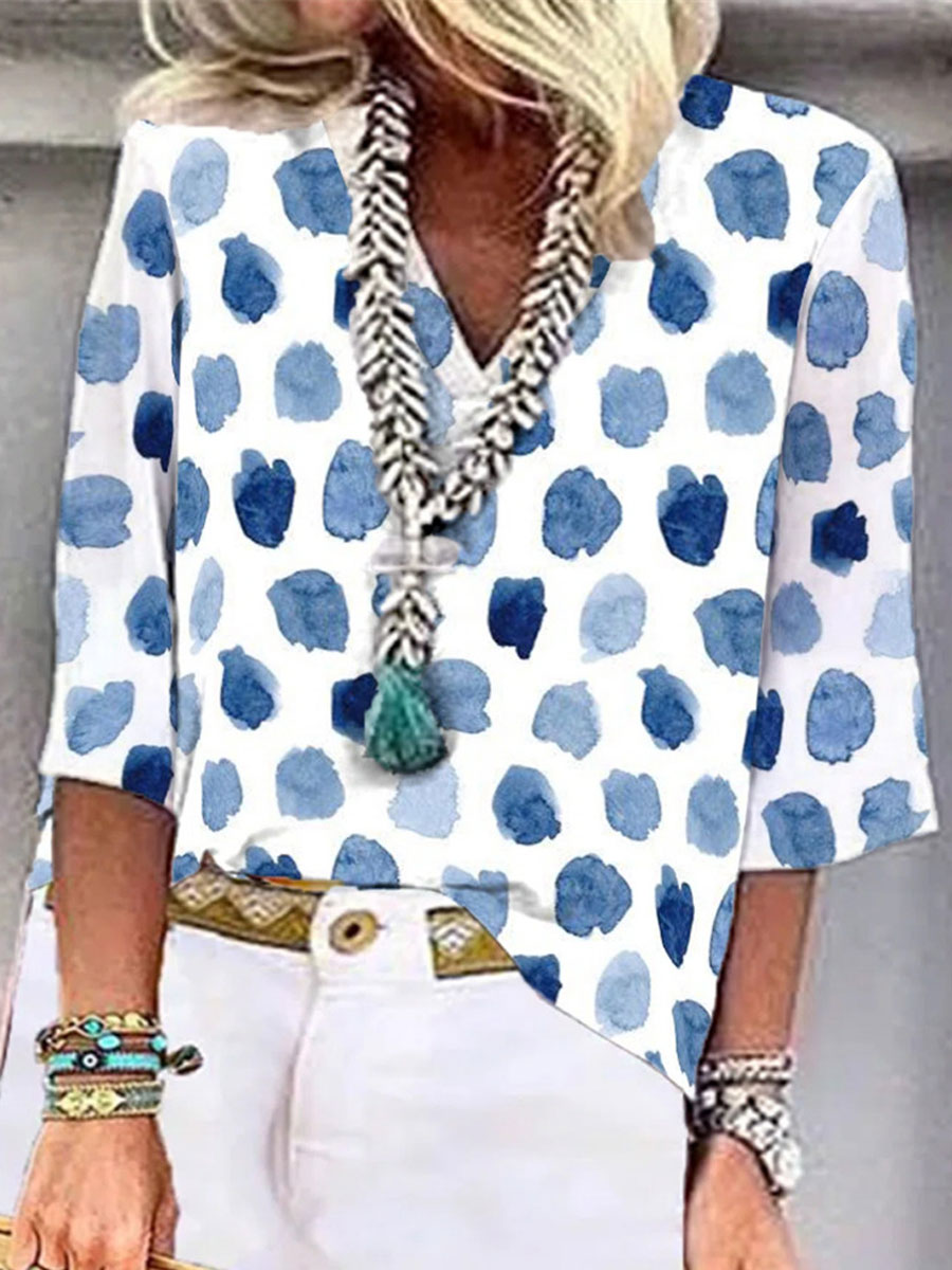 V neck Casual Loose Polka Dot Print Long Sleeve Blouse