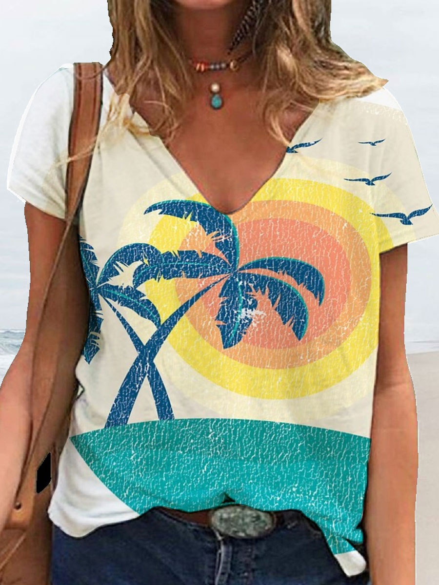 V neck Casual Loose Leaf Print Short Sleeve T shirt
