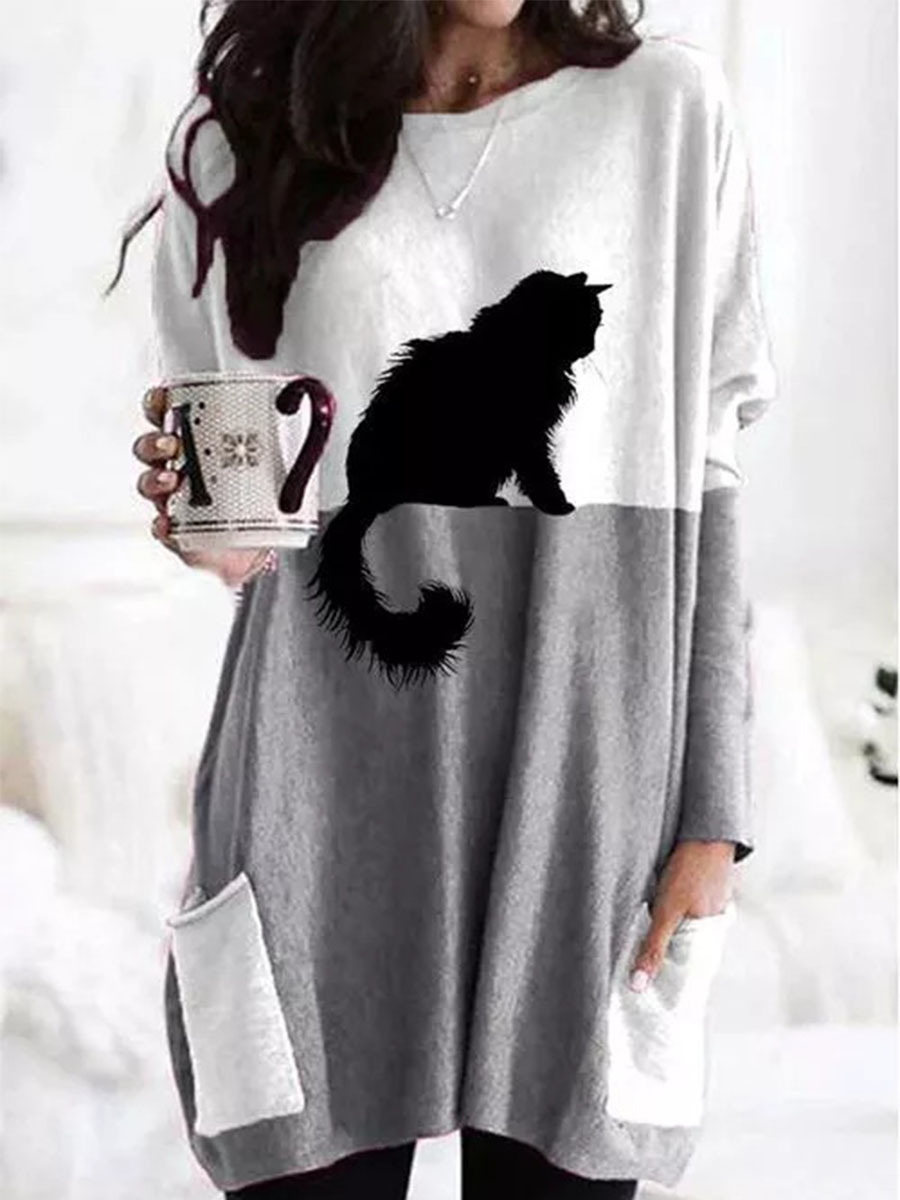 Cat Print Colorblock Long Sleeve Round Neck Pocket T shirt