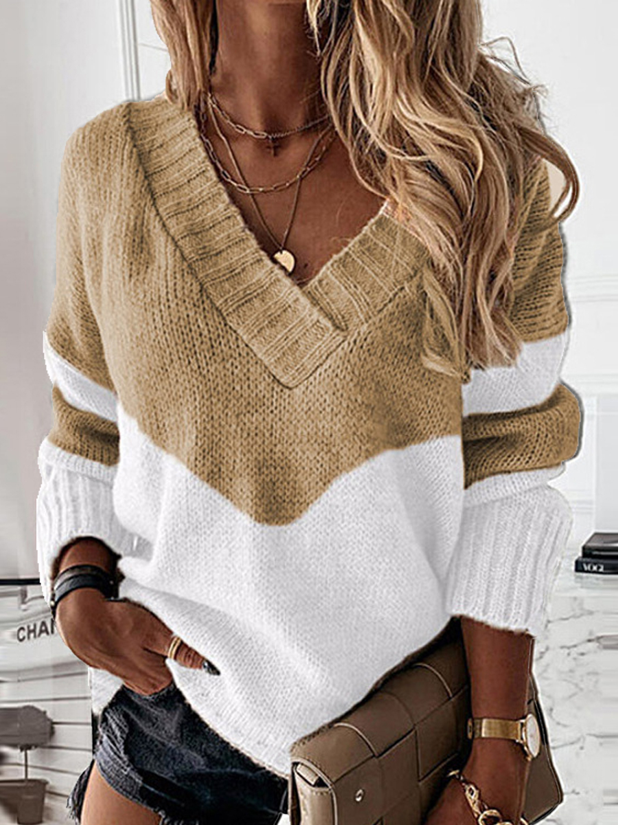 Casual Loose Colorblock V Neck Long Sleeve Sweater
