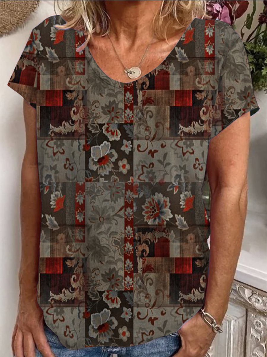 Casual Vintage Print V Neck Short Sleeve T Shirt