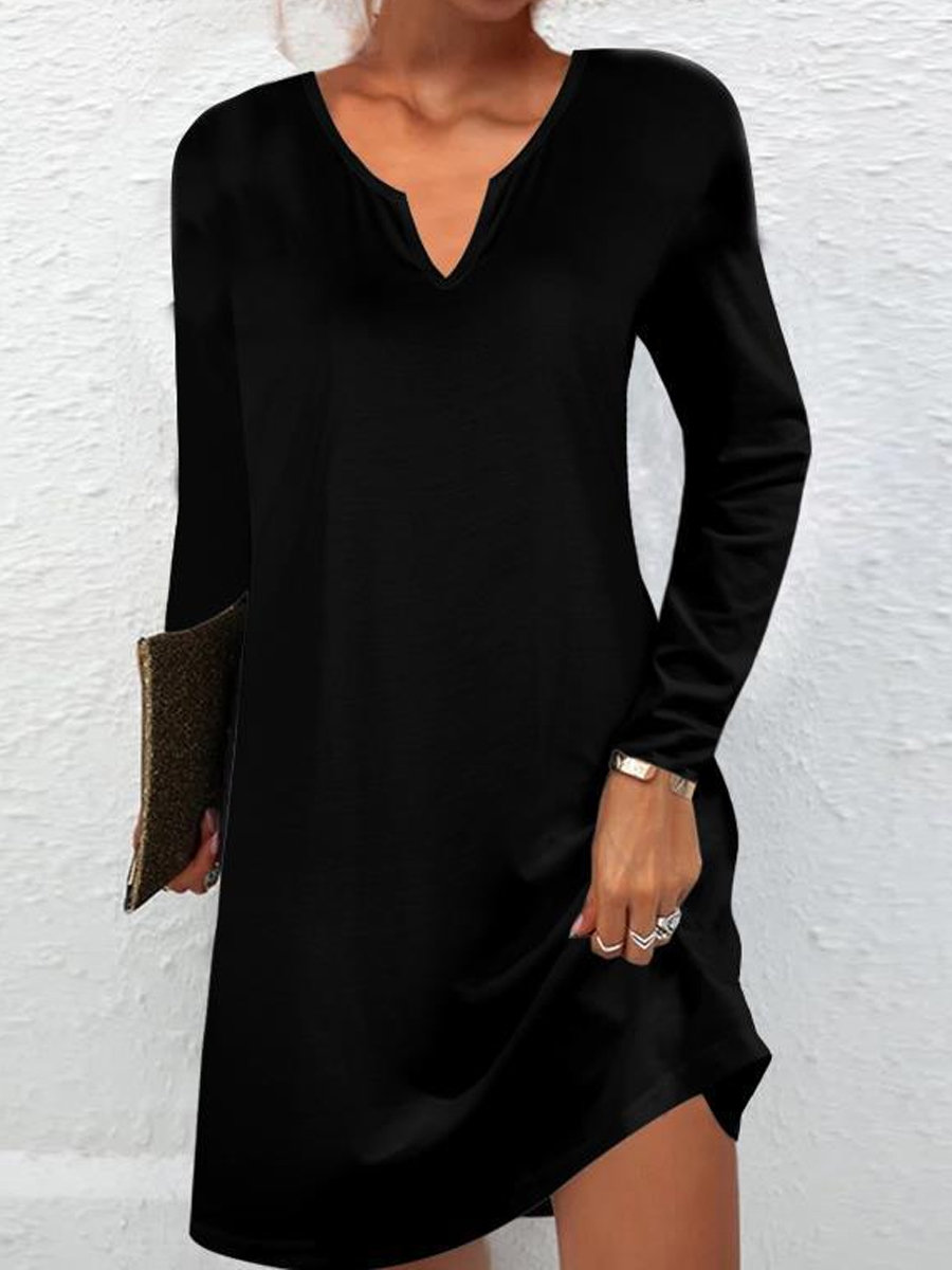 Casual Solid V Neck Long Sleeve Short Dress