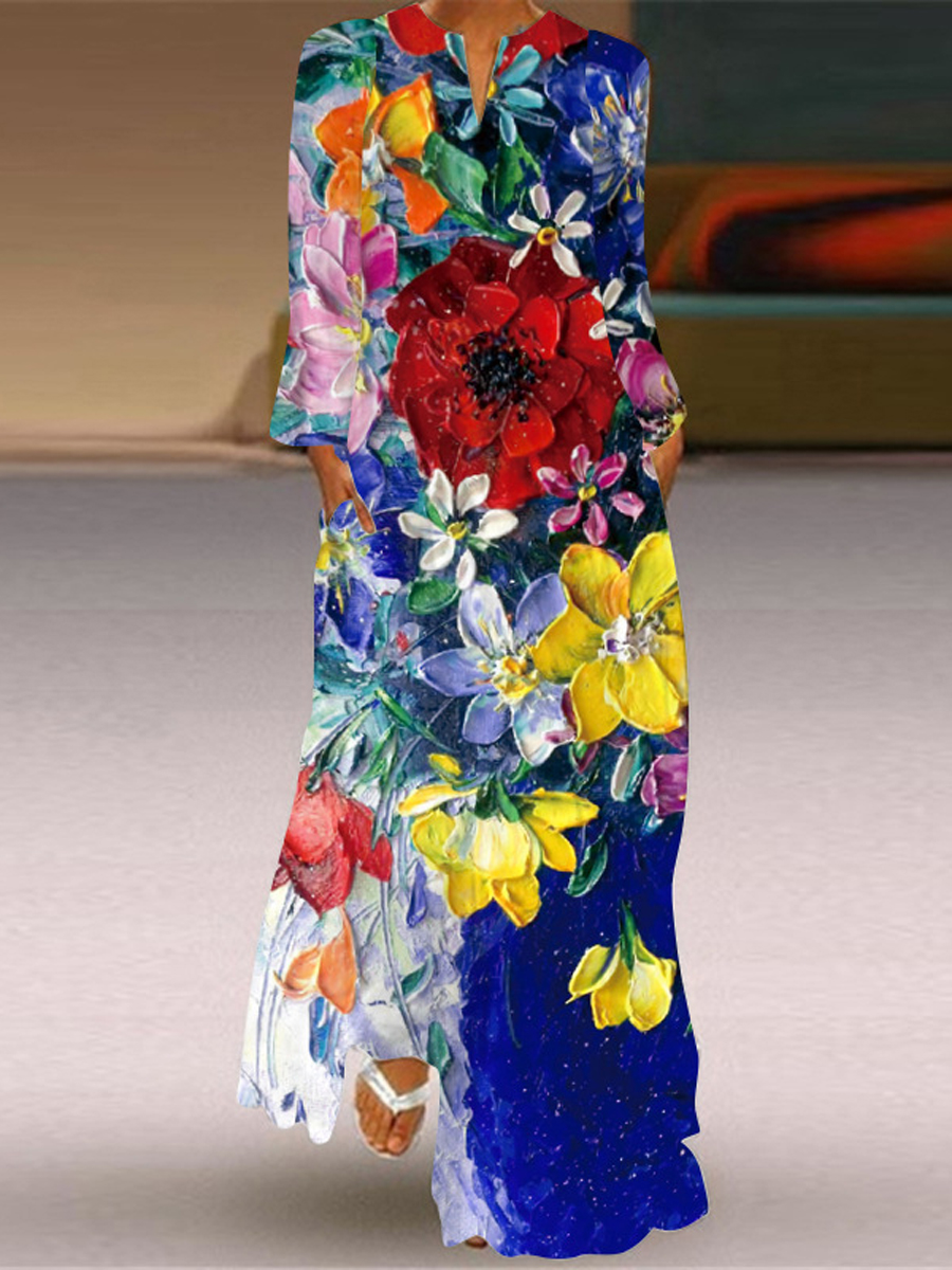 Casual Floral Print V Neck Long Sleeve Maxi Dress