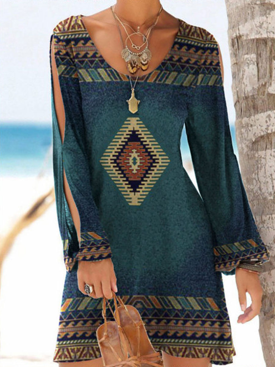 Round Neck Casual Loose Geometric Print Long Sleeve Short Dress