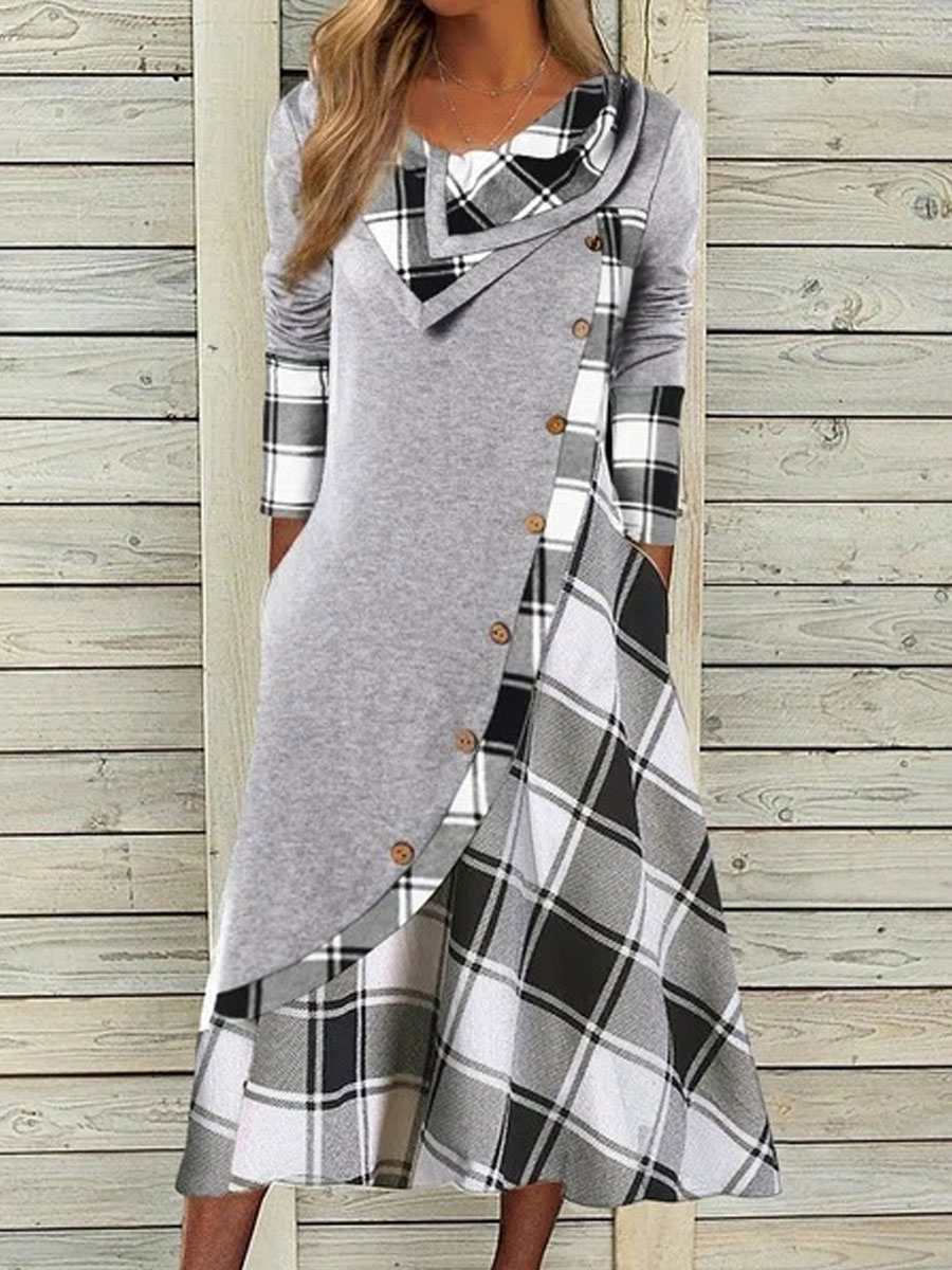 V neck Casual Loose Plaid Panel Long Sleeve Midi Dress