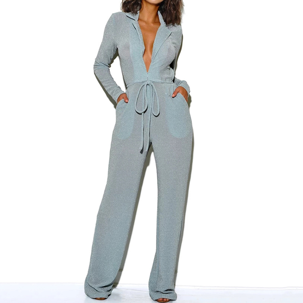 Deep V Neck Long Sleeve Casual Jumpsuit