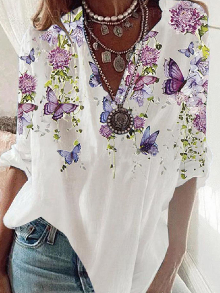 Floral Butterfly Print Lapel Long Sleeves Blouse