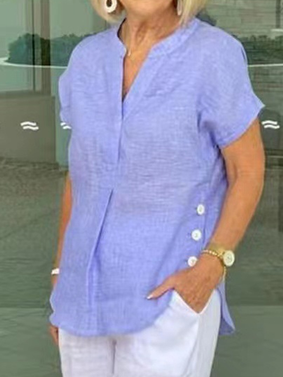 Casual Solid Color V Neck Cotton And Linen Button Short Sleeved Blouse
