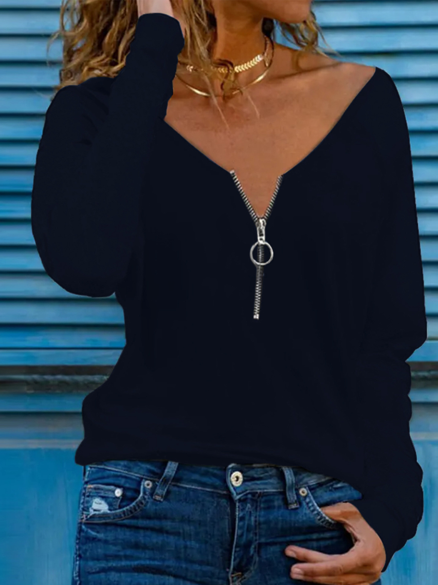 Casual Solid Color Zip V Neck Long Sleeve T Shirt