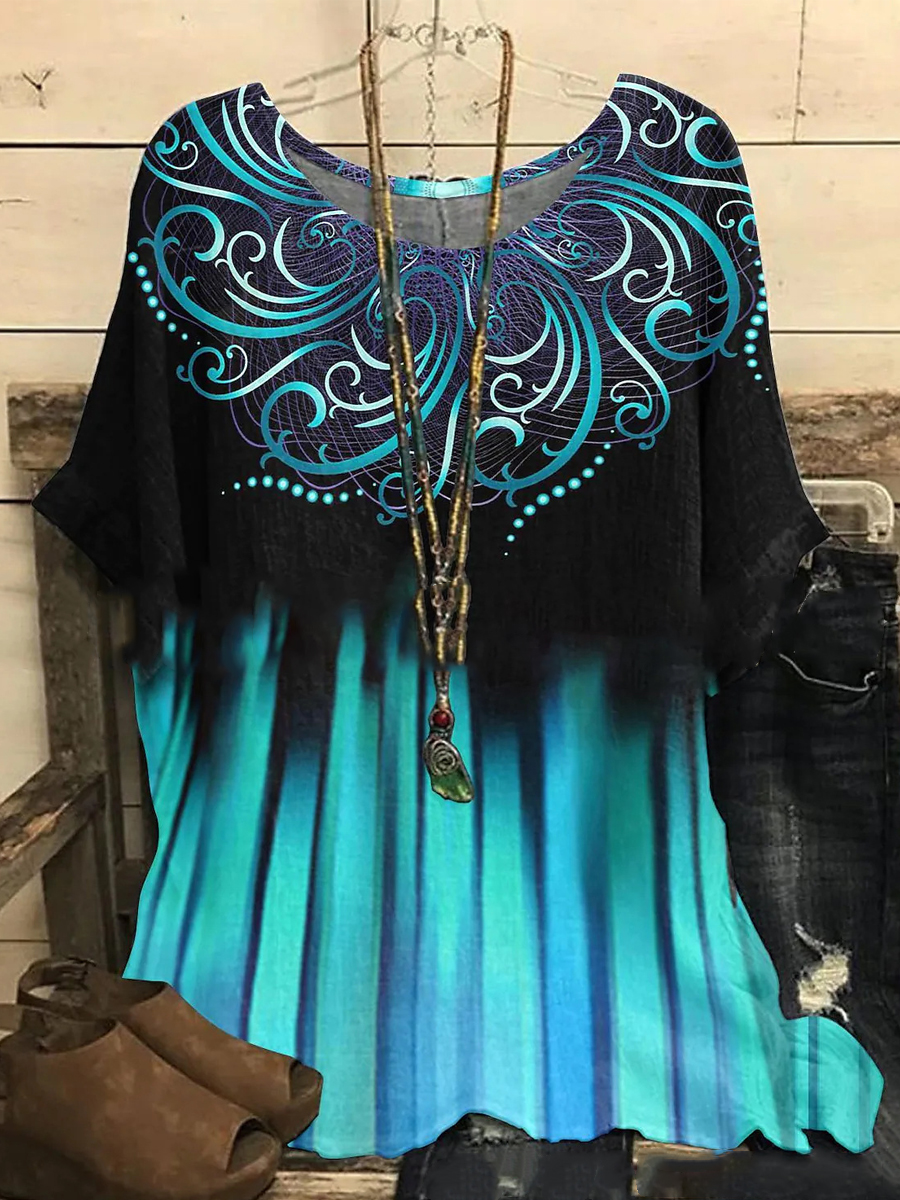 Casual Floral Print Crew Neck Short Sleeve Blouse