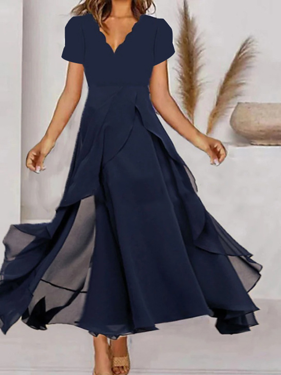 Casual Solid Color Wave V Neck Short Sleeve Maxi Dress