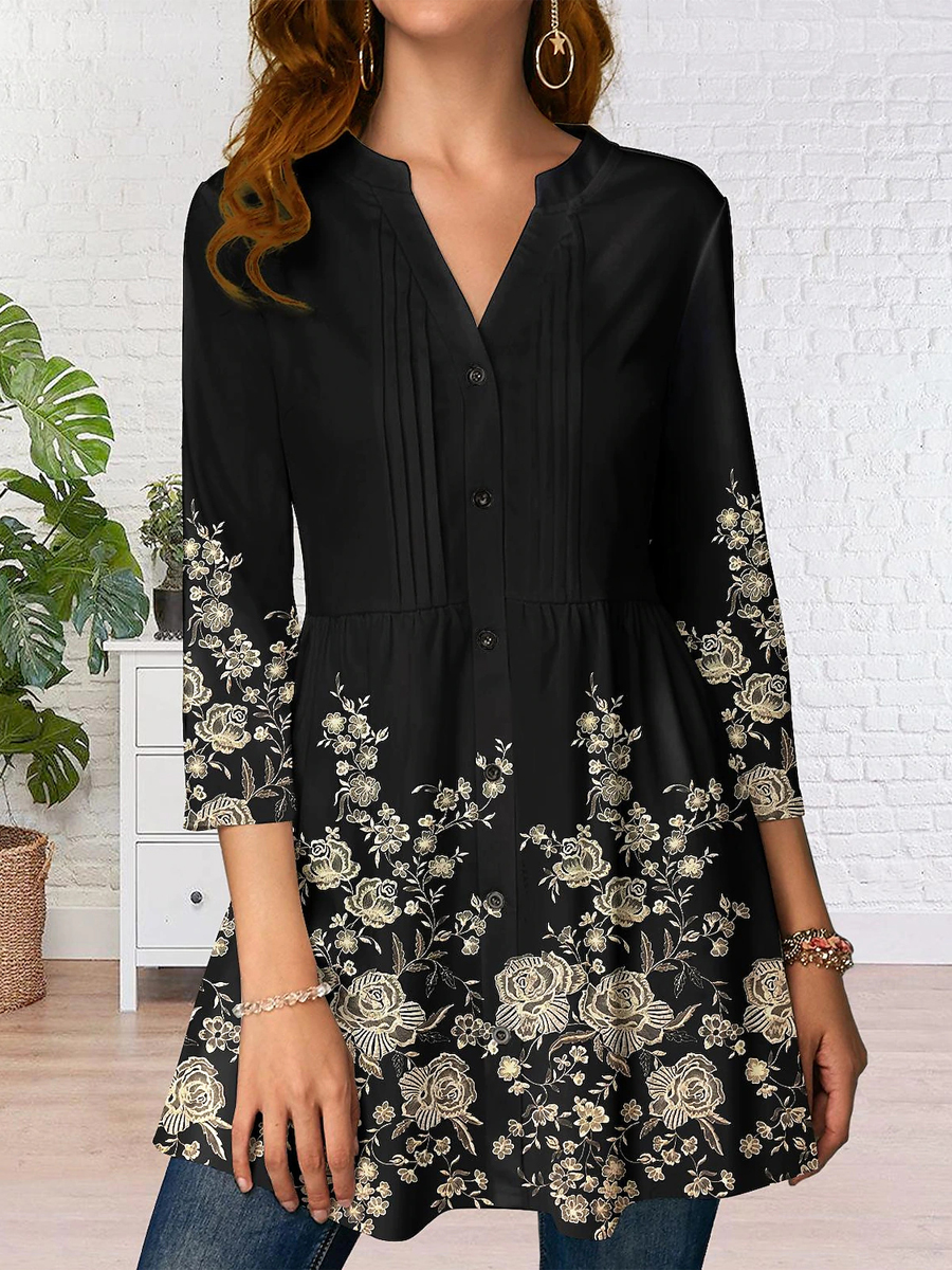 Fashion Casual Floral Print V Neck Long Sleeve Shirt