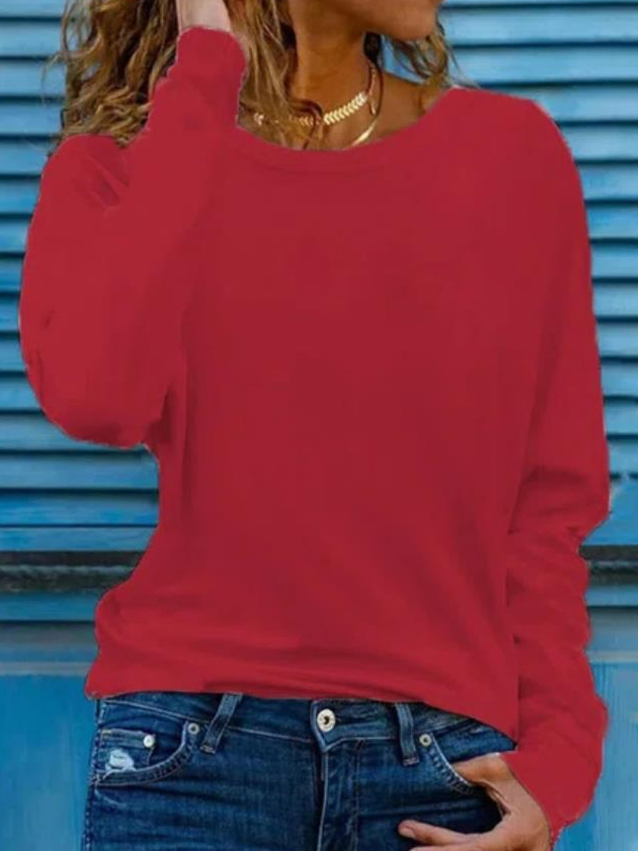 Casual Solid Color Round Neck Long Sleeve Loose T Shirt