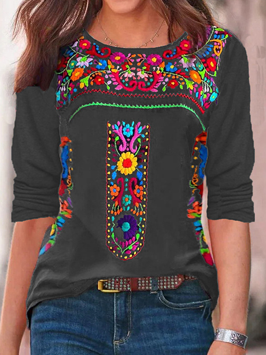 Casual Boho Print Crew Neck Long Sleeve T Shirt