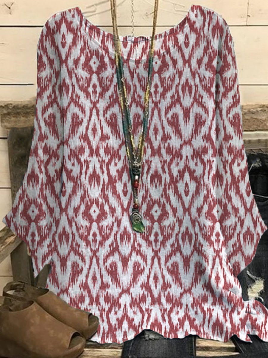 Casual Vintage Print Crew Neck Long Sleeve Blouse
