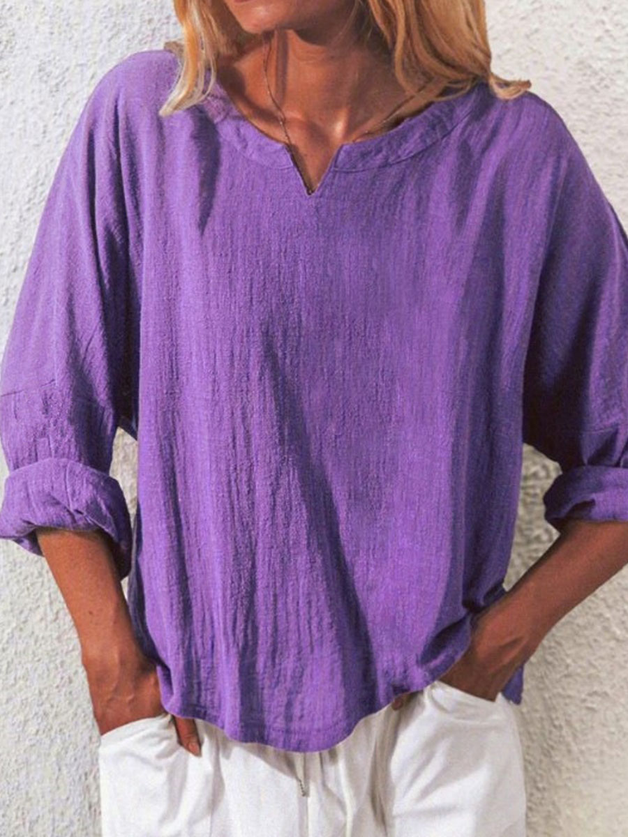 V neck Casual Loose Solid Color Long sleeved Blouse
