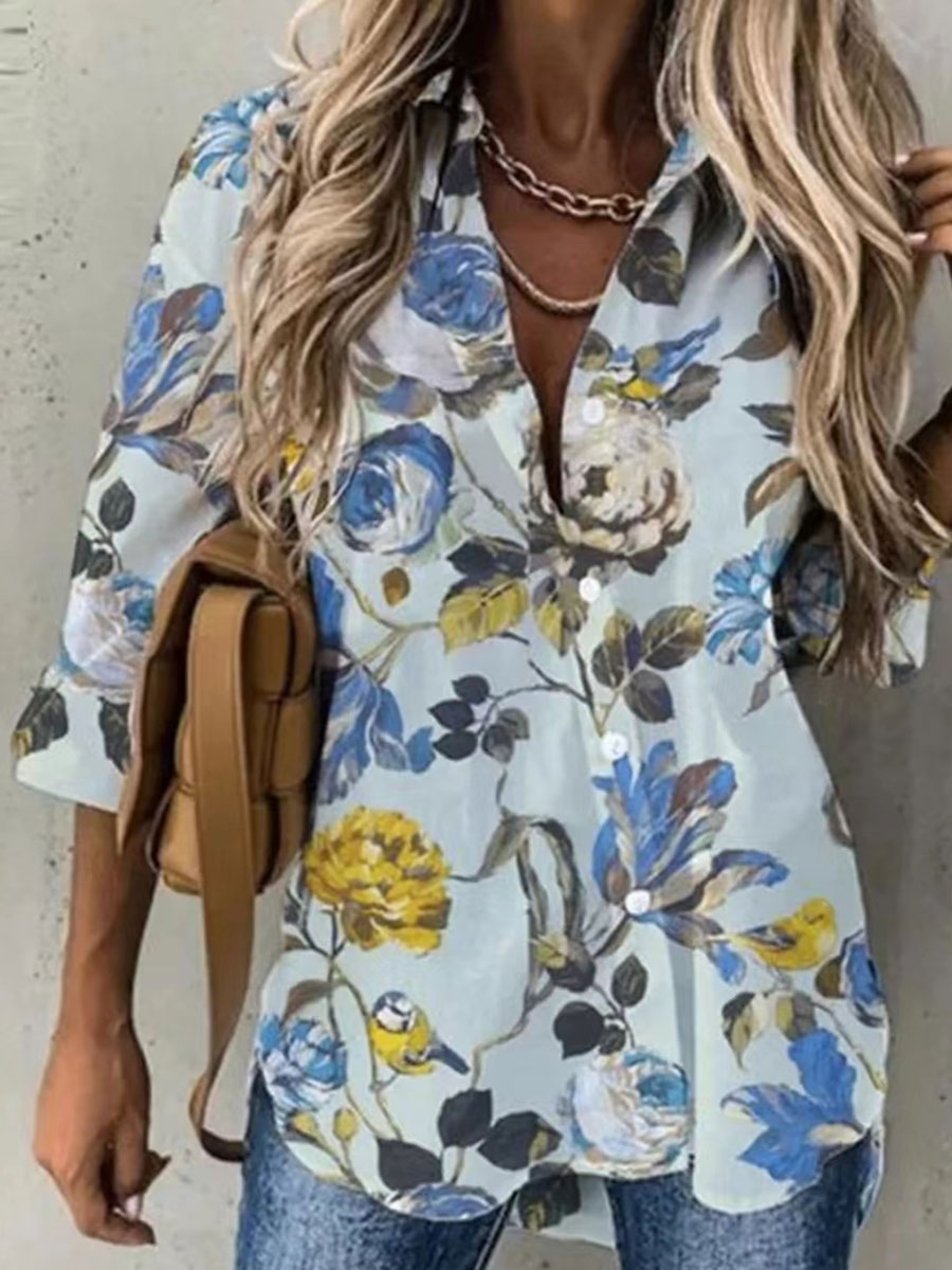 Casual Loose Floral Print Long Sleeve Blouse
