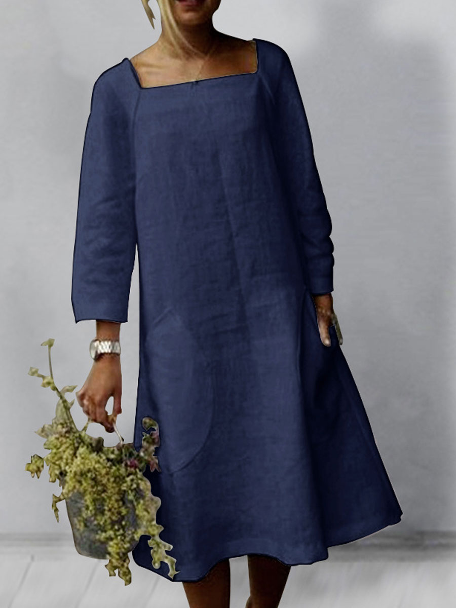 Casual Loose Solid Color Long Sleeve Midi Dress