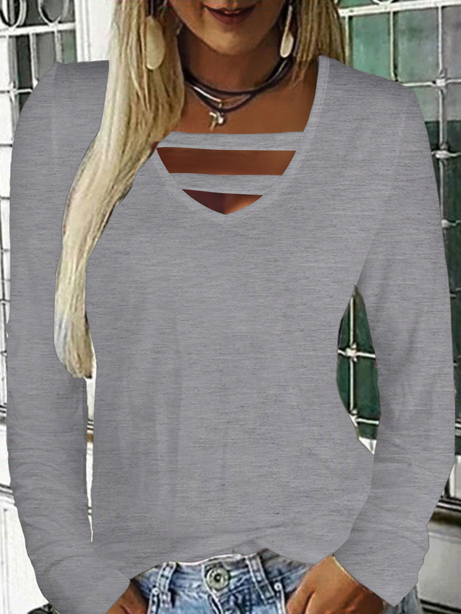 V neck Cutout Casual Loose Solid Color Long sleeved T shirt