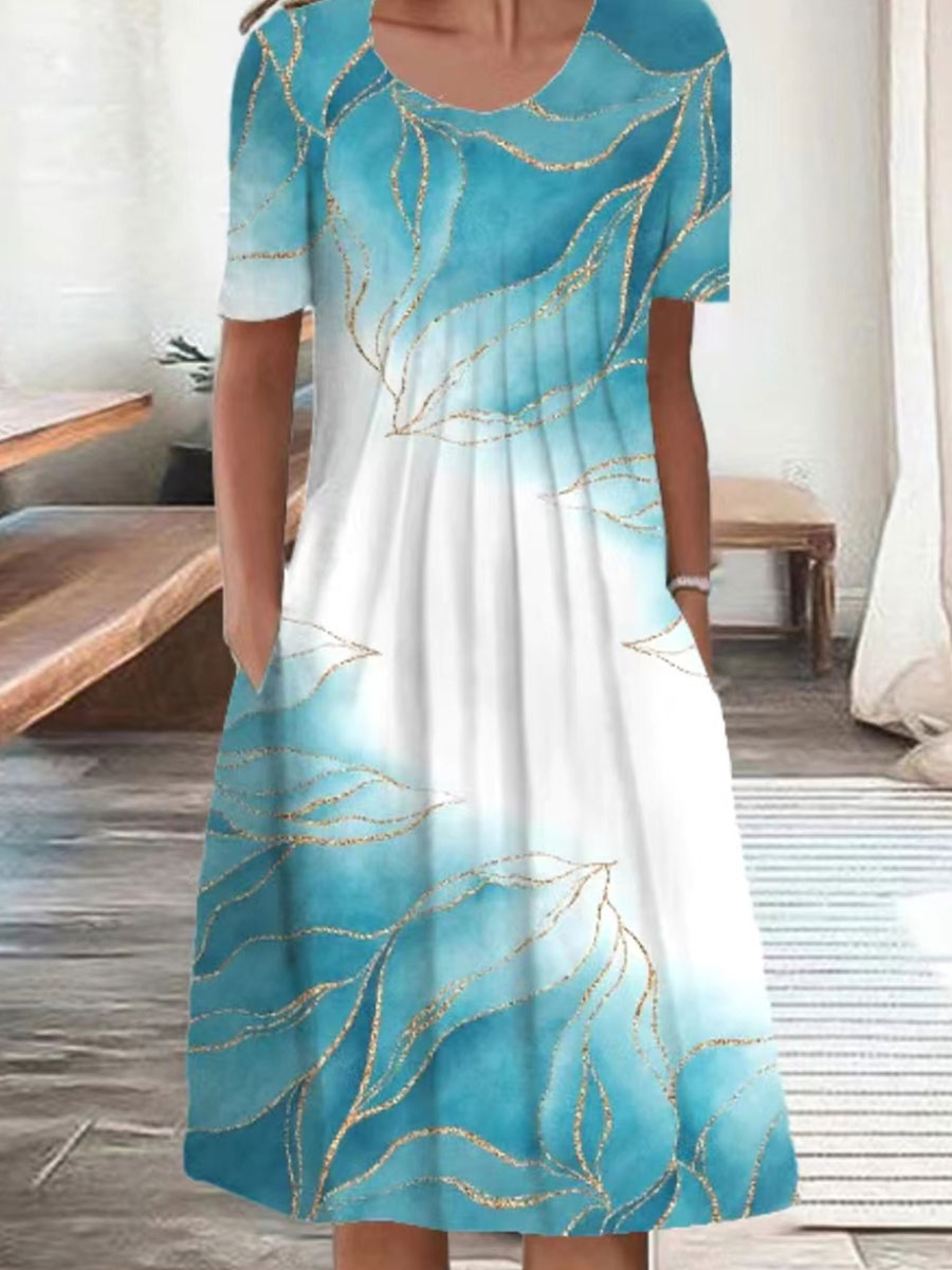 Round Neck Casual Loose Bronzing Leaf Short Sleeve Midi Dress