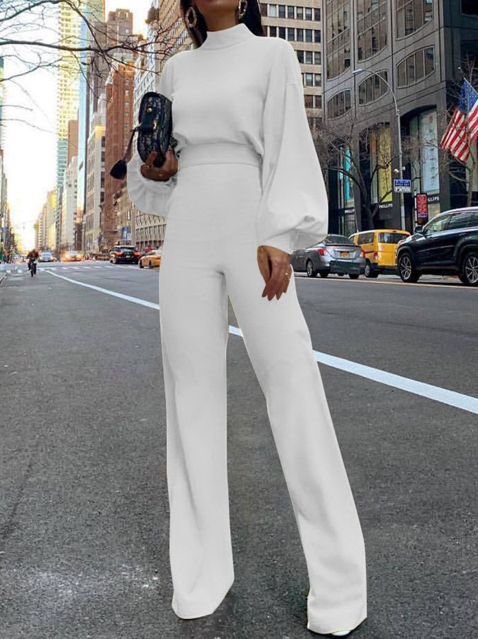 Women's Solid Color High neck Backless Long sleeved Casual Jumpsuit