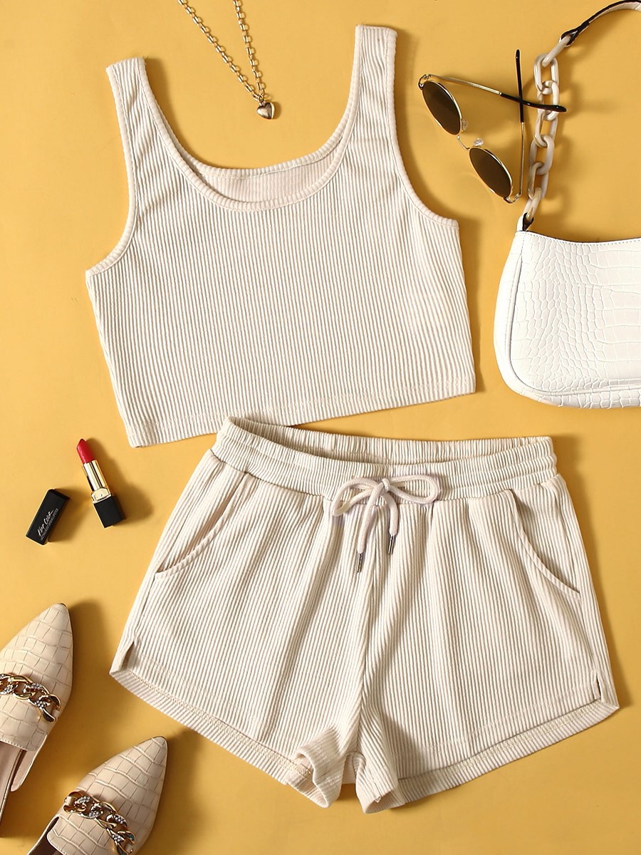 Women's Solid Color Camisole Slim Fit Mid Waist Shorts Two Piece Set