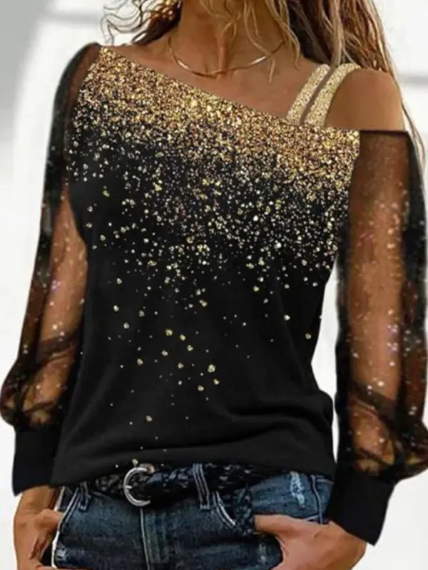 Women's Elegant And Fashionable Hot Drilling Slanted Shoulder Knitted Off-the-shoulder T-shirt - Ininrubyclub.com 
