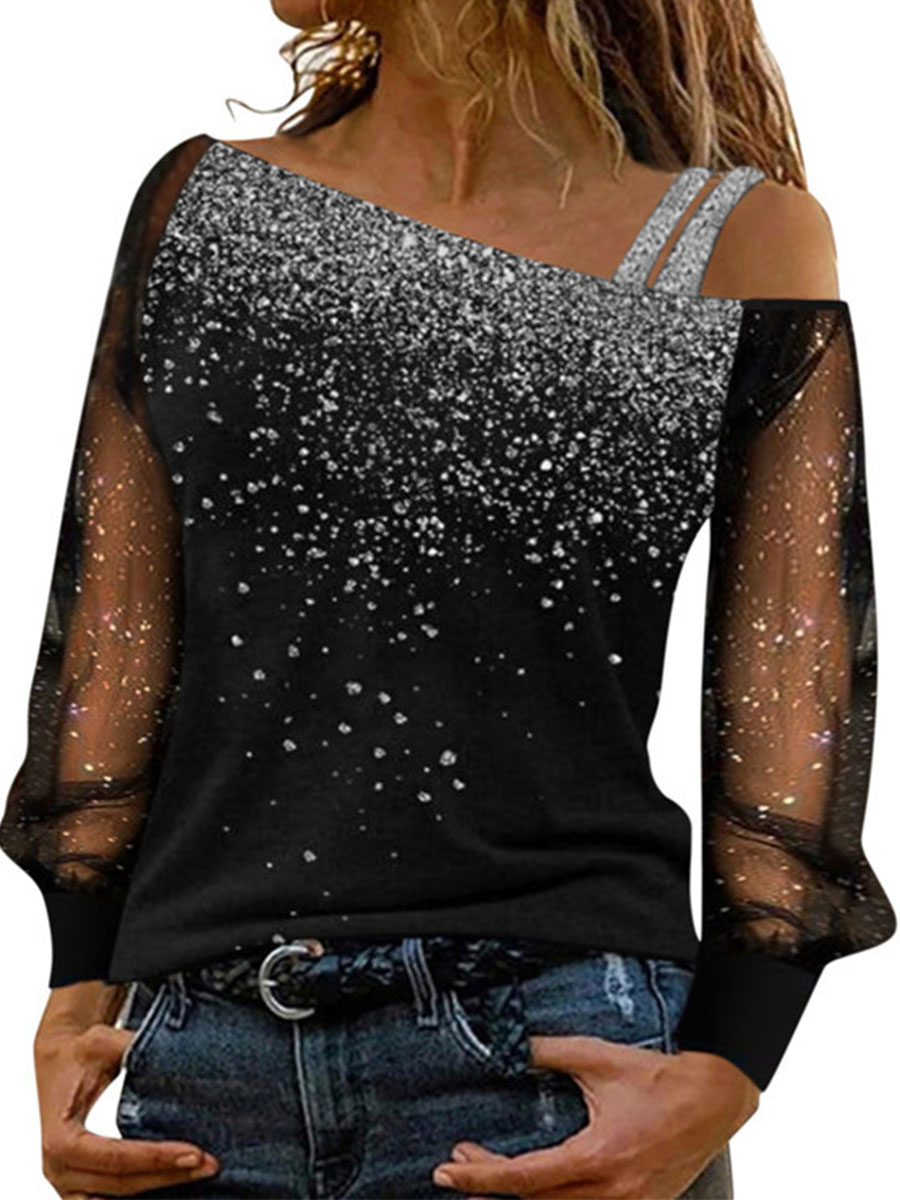 Women's Elegant And Fashionable Hot Drilling Slanted Shoulder Knitted Off the shoulder T shirt