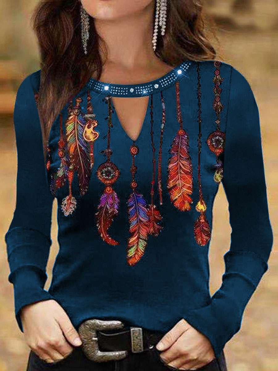 Casual Long Sleeve Printed Feather T shirt