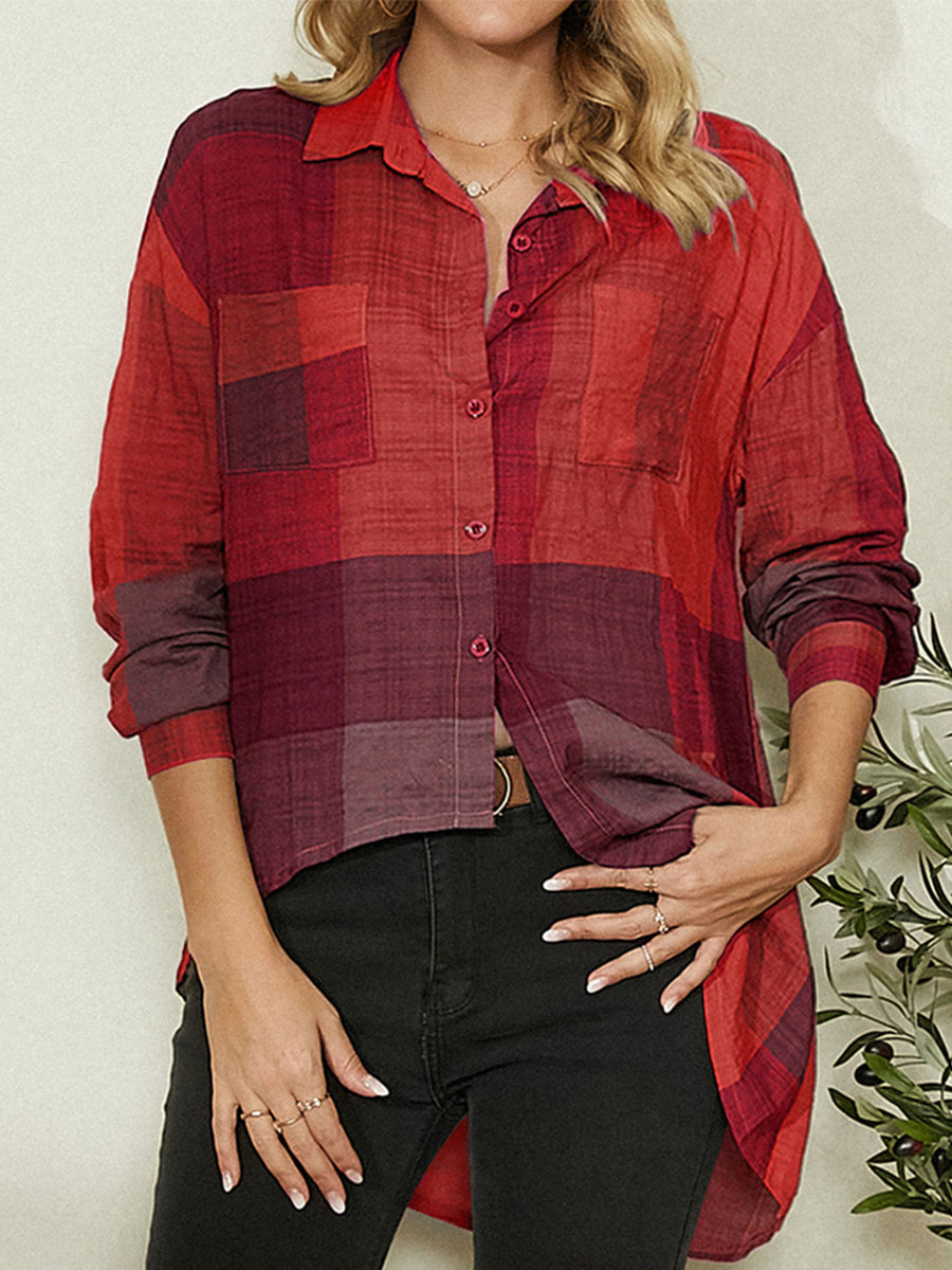 Check Printed Casual Loose Long Sleeve Blouse