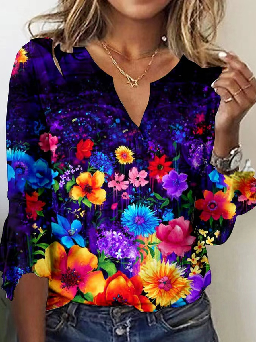Casual V Neck Printed Flared Sleeve T Shirt