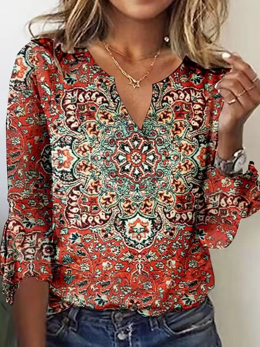 Casual V Neck Printed Flared Sleeve T Shirt