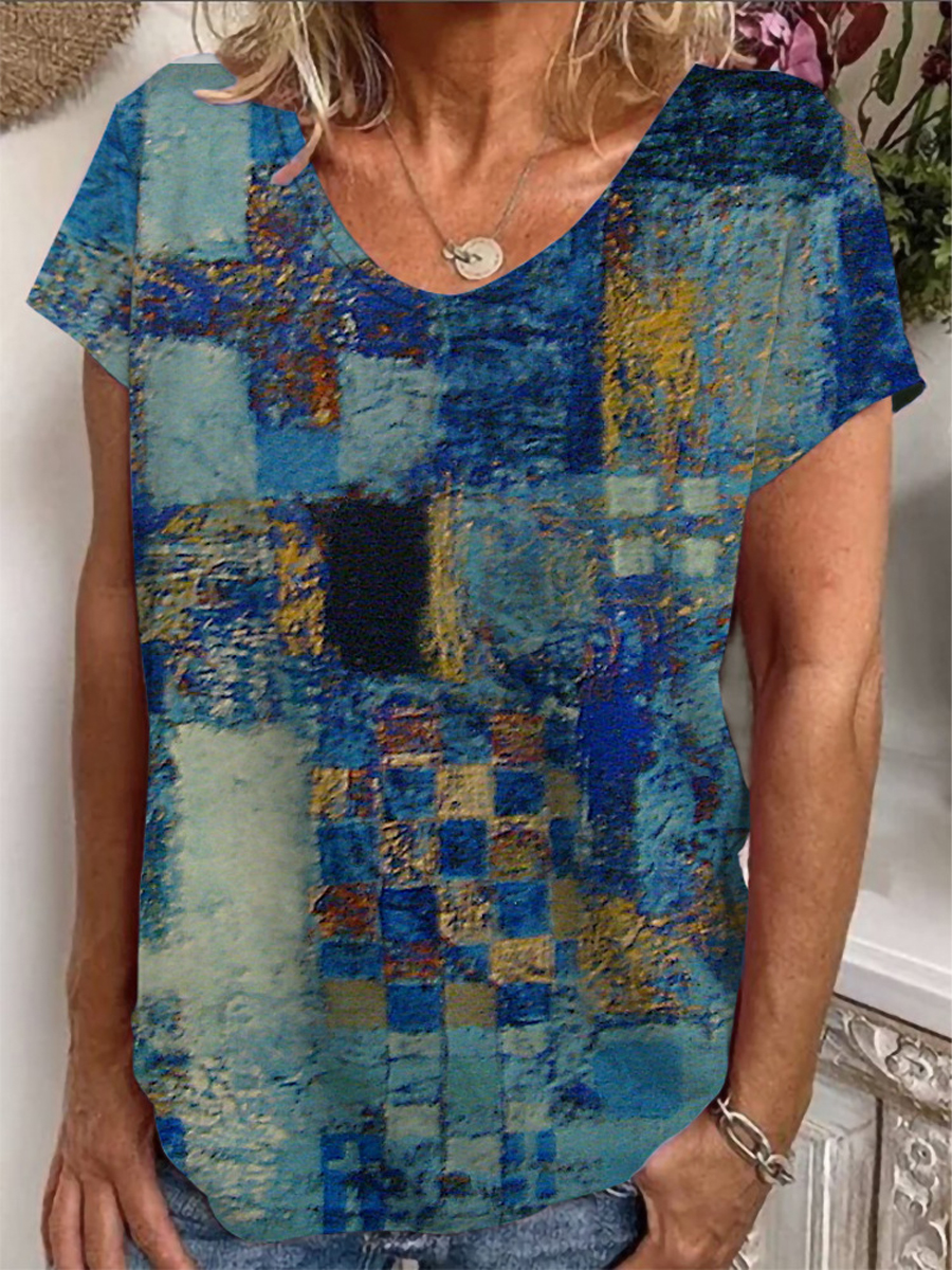 Casual V Neck Printed Short Sleeve T Shirt