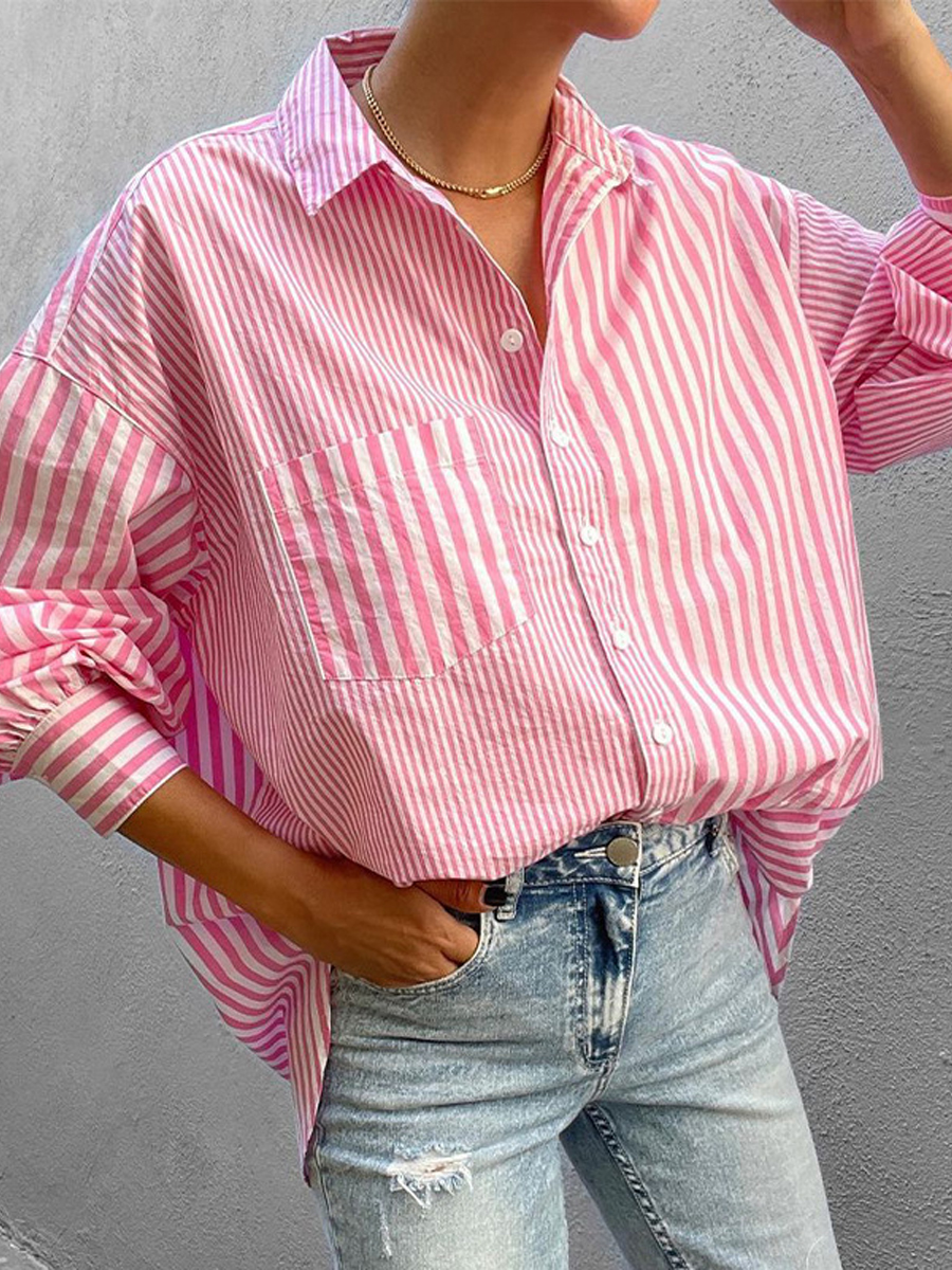 Casual Fashion Striped Lapel Long Sleeve Shirt