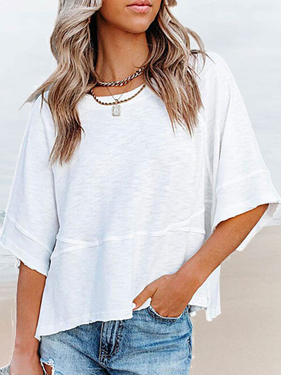 Round Neck Casual Loose Solid Color Short sleeved T shirt